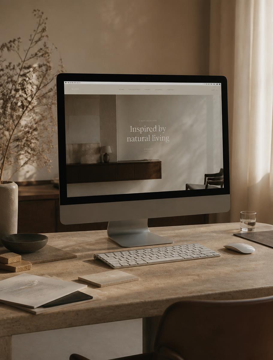 Écran affichant une interface de site internet élégante dans un espace de travail créatif